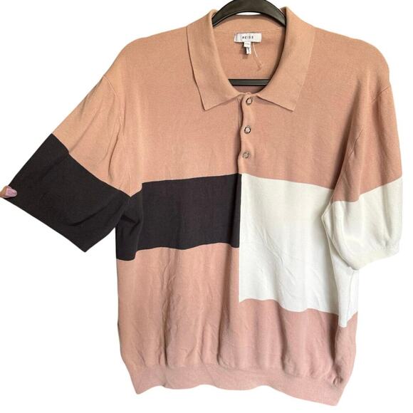 Reiss Primo Press Stud Polo Shirt Colorblock Short Sleeve Pink White Size XXL - Picture 4 of 14